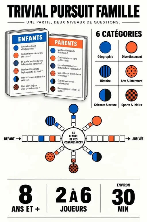 Infographie du jeu trivial pursuit famille avec deux niveaux de questions, six catégories et six marqueurs