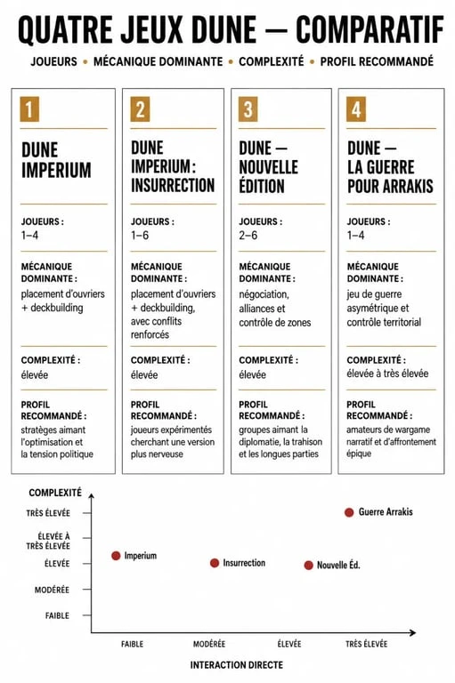 Jeu de société dune : infographie comparative des principaux jeux Dune selon joueurs, mécanique et complexité