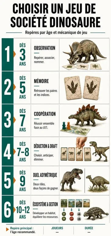 Infographie pour choisir un jeu de société dinosaure selon l’âge, le nombre de joueurs et la mécanique
