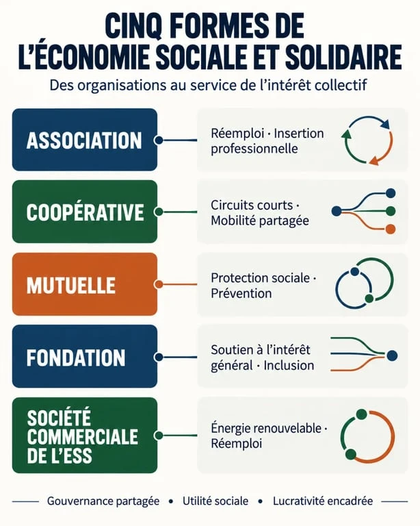 Exemples d’économie sociale et solidaire classés par forme d’organisation et secteur