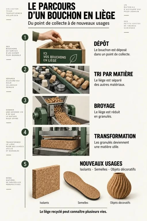 Infographie du parcours d’un bouchon liege recyclage, de la collecte à la transformation en nouveaux produits