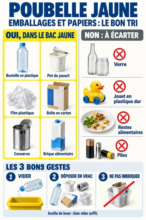 Infographie sur le tri sélectif poubelle jaune : déchets acceptés, exclusions et bons gestes