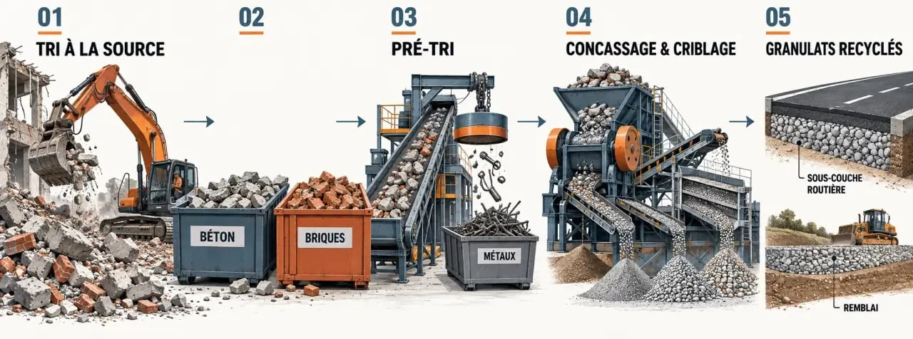 Parcours du recyclage des gravats, du tri sur chantier à la production de granulats recyclés