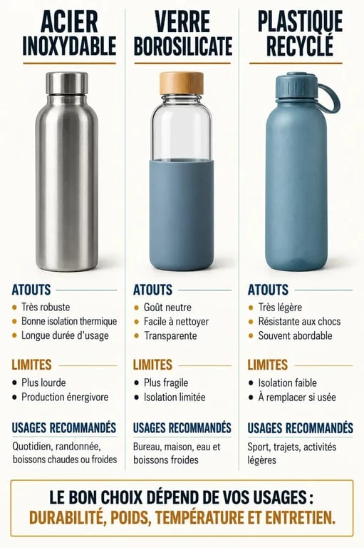 Gourde écologique : comparaison entre inox, verre et plastique recyclé