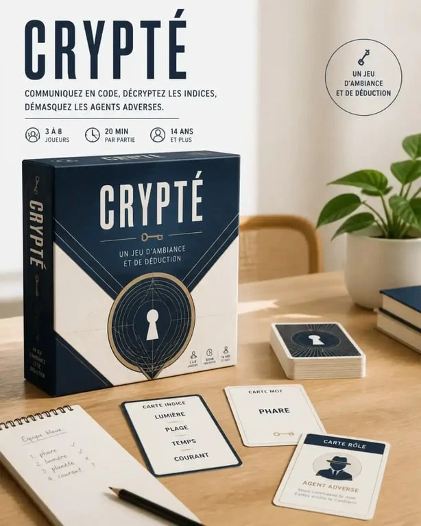 Boîte et cartes du jeu de société Crypté de la Fabrique de Jeux