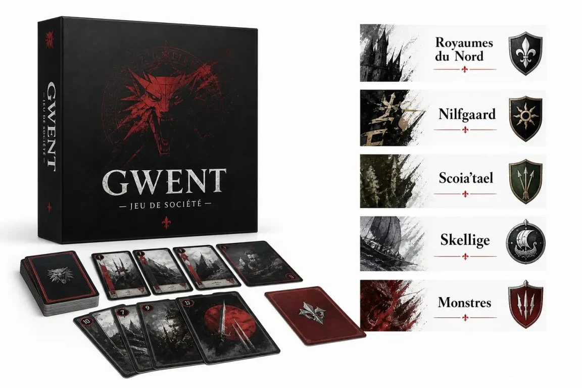 Gwent jeu de société : boîte officielle, cartes et factions présentées sur une table