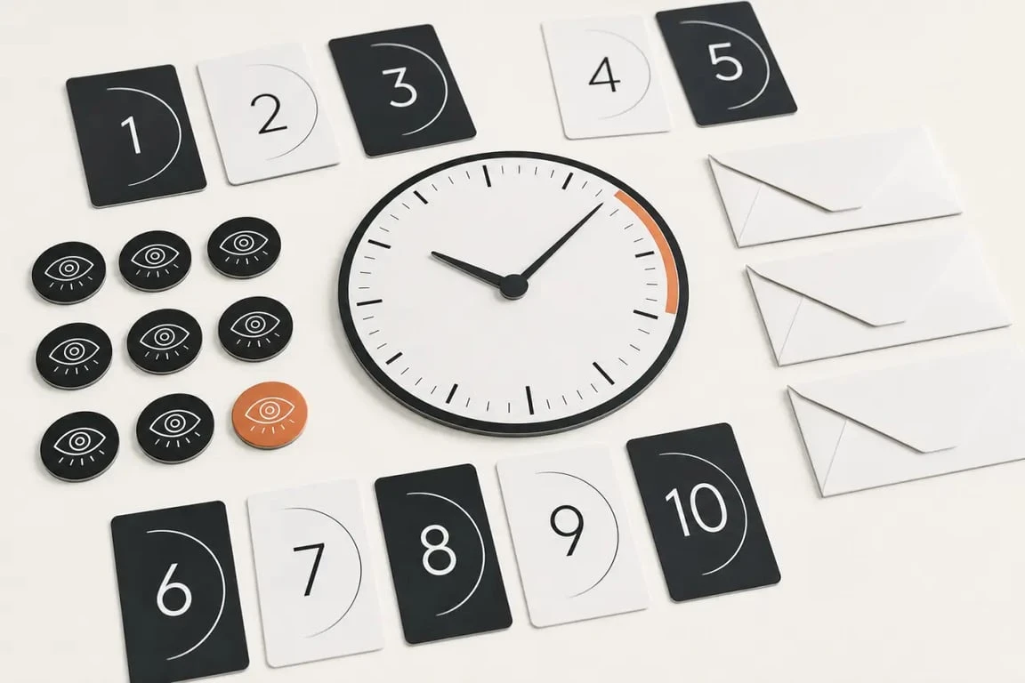 Take Time jeu de société : aperçu du matériel avec cartes numérotées, horloge et jetons Oeil