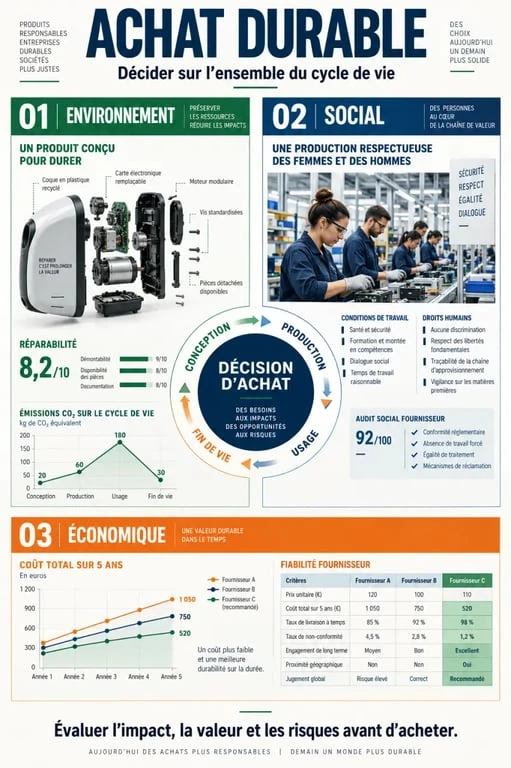 Infographie pédagogique sur les trois dimensions de l'achat durable
