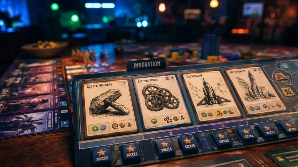 Innovation jeu de société : cartes par âges et succès sur un plateau