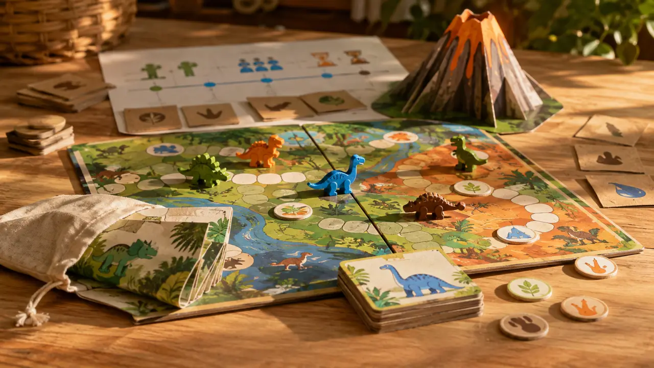 Jeu de société dinosaure : plateau ouvert, pions et cartes