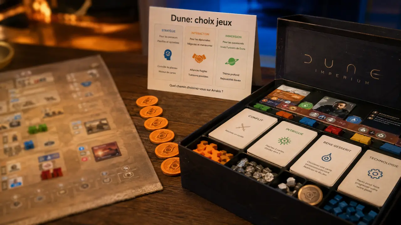 Jeu de société Dune : Dune Imperium ouvert, cartes et pions sur table.