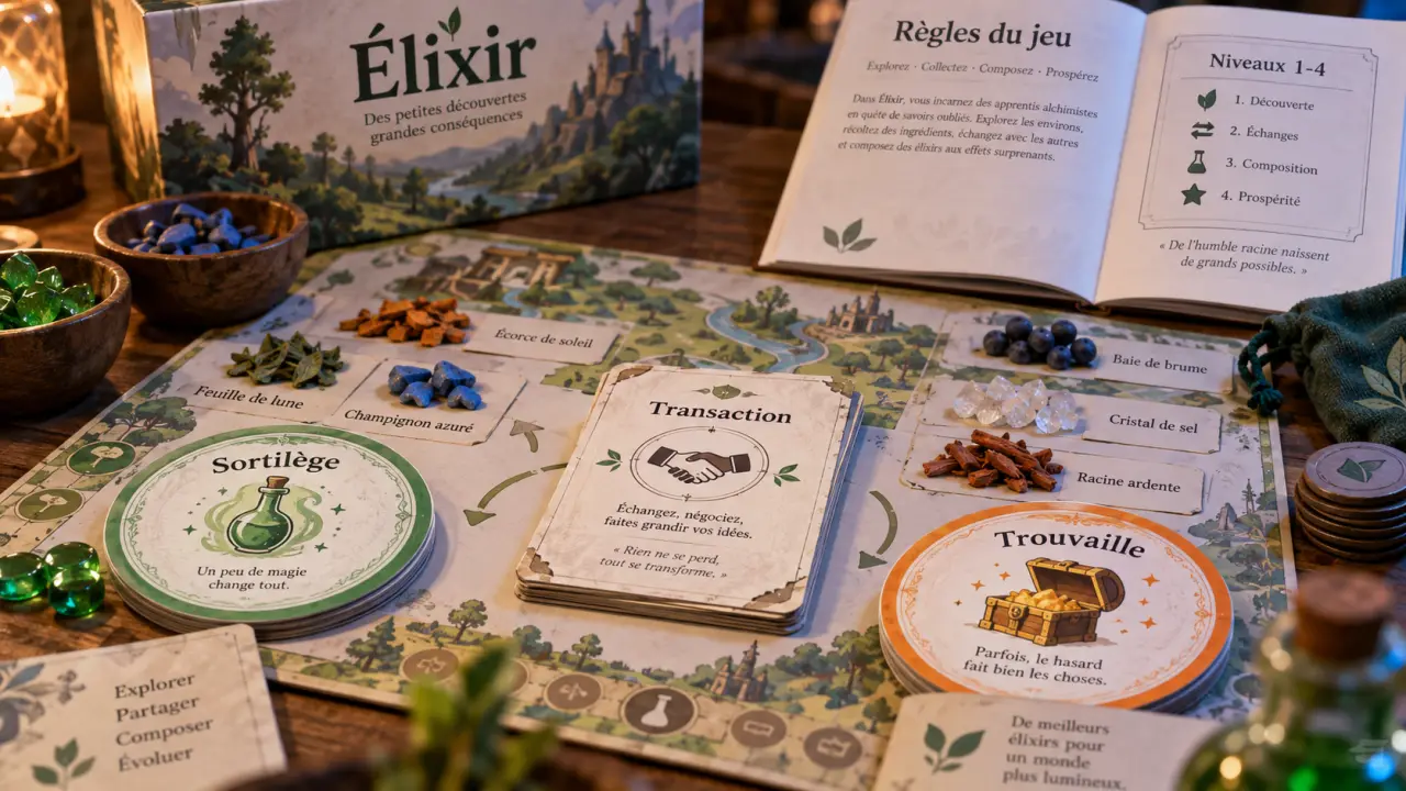 Jeu de société elixir : cartes Sortilège et Transaction sur le plateau