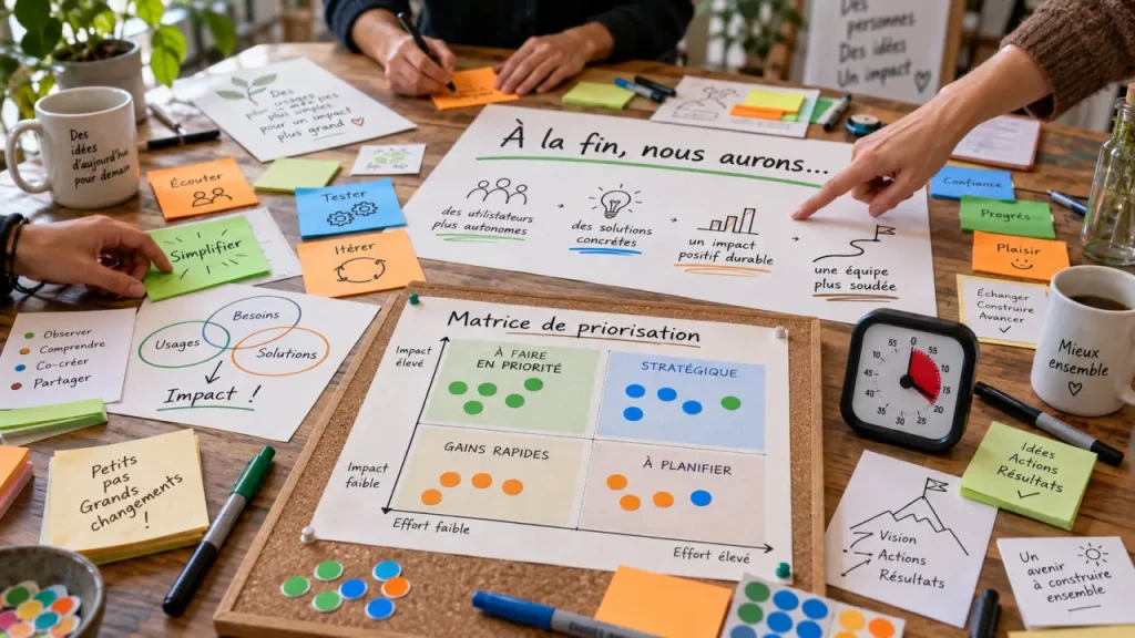 Outils intelligence collective en réunion : livrable concret avec post-it et matrice de priorisation