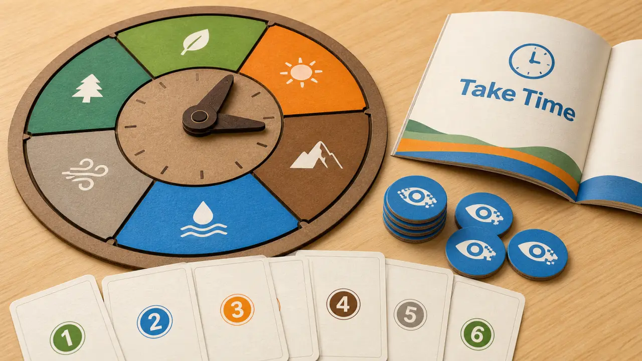 Take time jeu de société : horloge, cartes et jetons Oeil