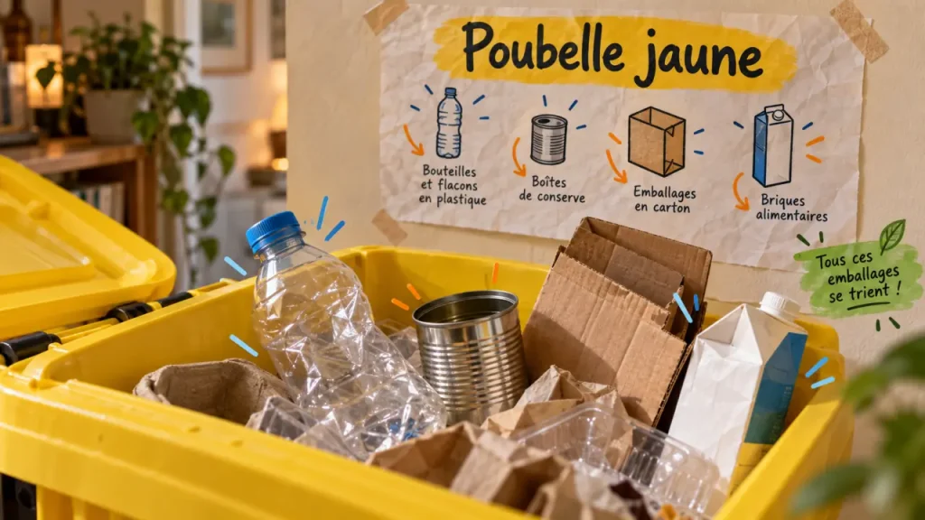 Tri sélectif poubelle jaune : bac de recyclage ouvert