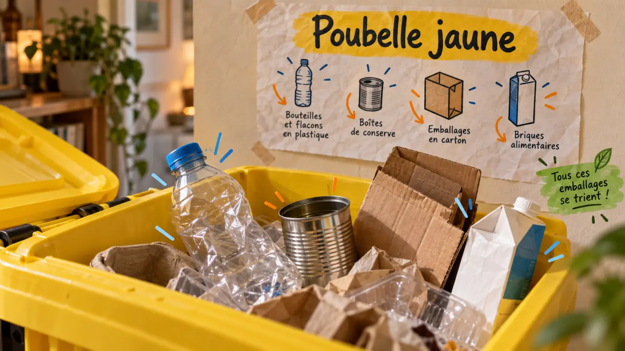 Tri sélectif poubelle jaune : bac de recyclage ouvert