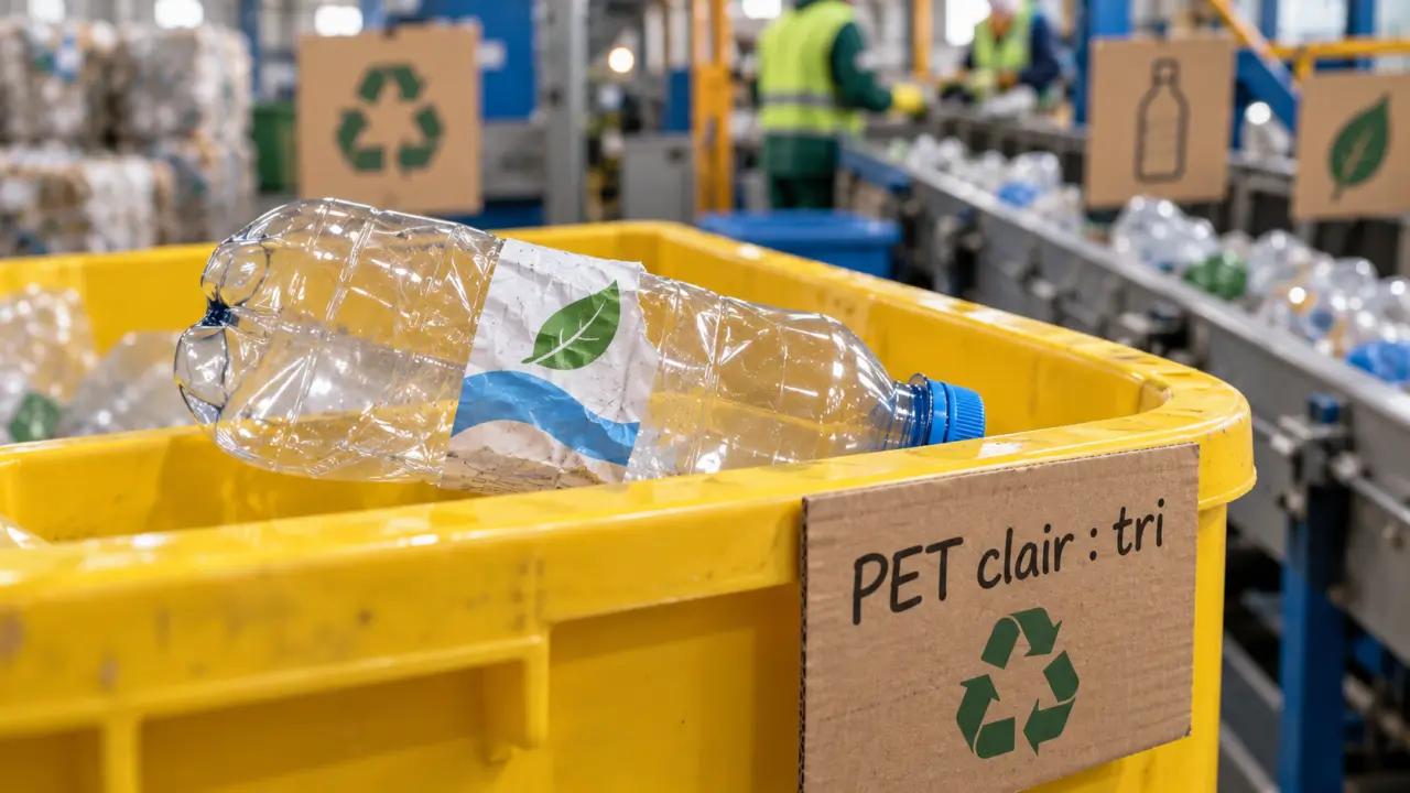 Bouteille en plastique recyclage : PET clair dans bac de tri jaune