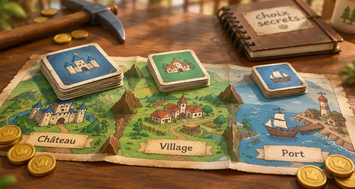 Emblemes jeu de société sur table : Château, Village, Port, bluff et majorités