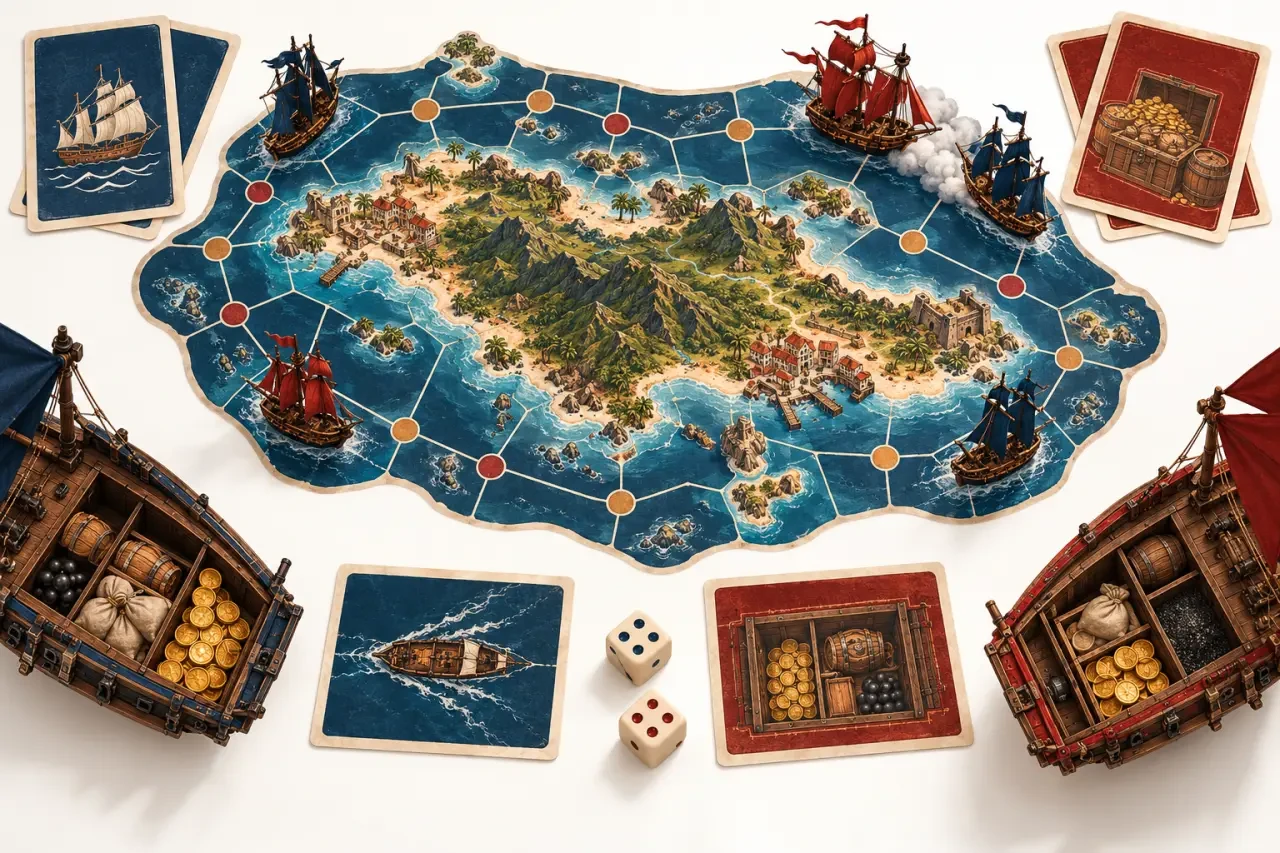 Jeu de société Jamaica avec navires pirates, cartes, dés et ressources sur le plateau