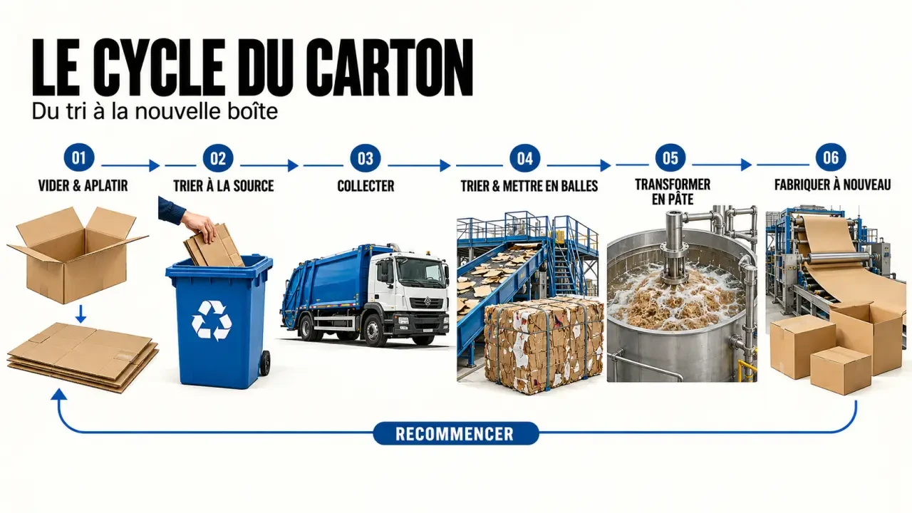 Cycle du recyclage carton, du tri à la fabrication de nouvelles boîtes