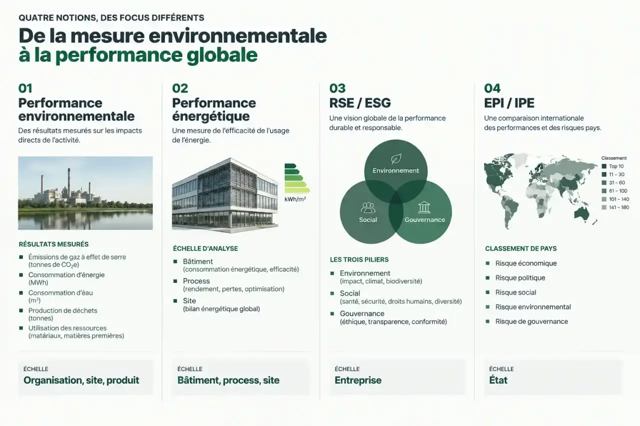 Schéma comparant la performance environnementale, la performance énergétique, la RSE/ESG et l'indice EPI/IPE selon leur périmètre et leur échelle