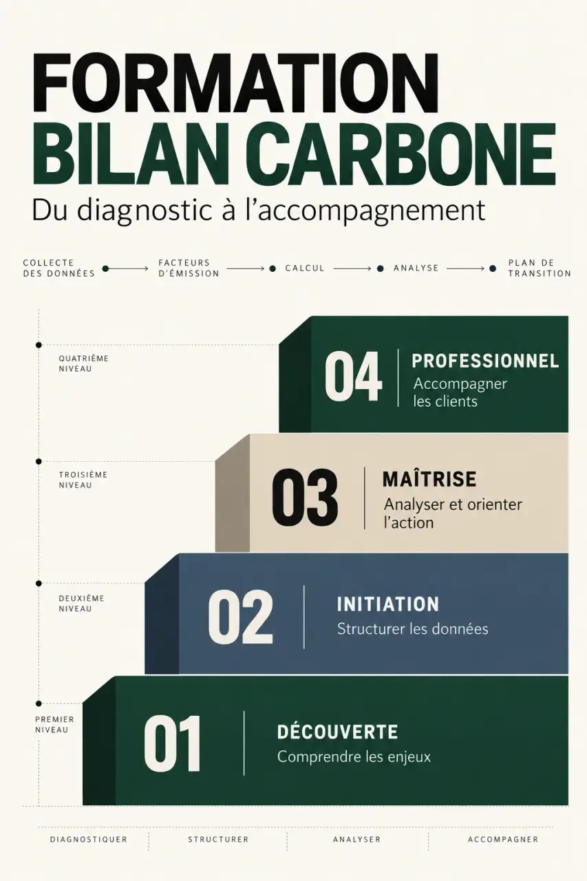 Infographie sur les niveaux d’une formation bilan carbone, de la découverte à la pratique professionnelle