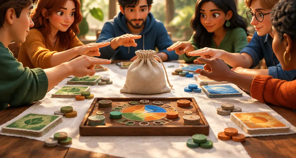 Jeu de societe 6 joueurs fete, cartes et jetons sur table de bois