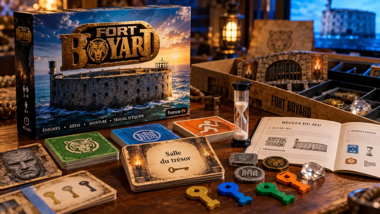 Jeu de société fort boyard : cartes d’énigmes, indices et clés sur table