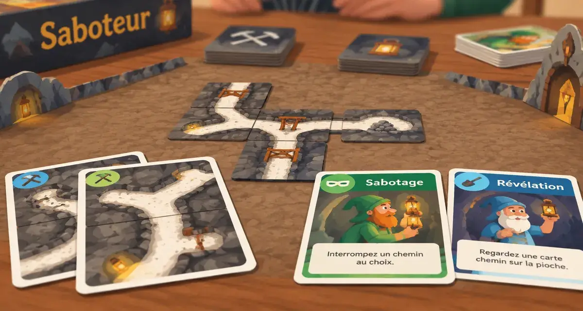 Jeu de société saboteur : cartes chemin et action sur plateau