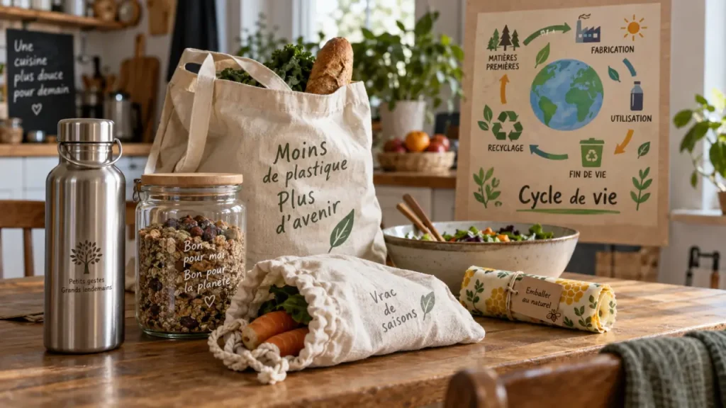 Objet écologique en cuisine : gourde, bocal, cabas, bee-wrap, cycle de vie